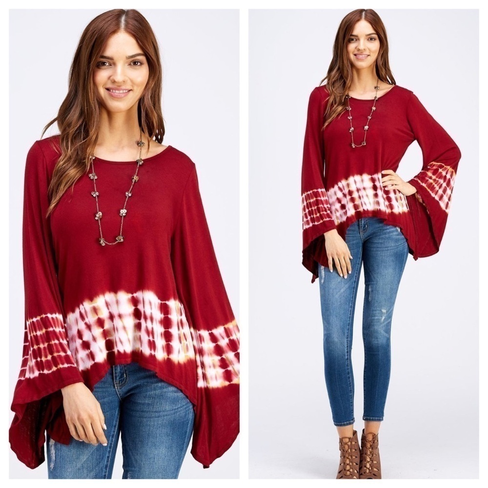 Crimson Bamboo Tie Dye Blouse w/ Bell Sleeves